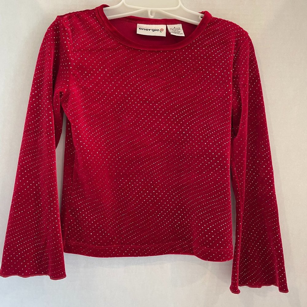 Energie Girls Red Faux Velvet Sparkle Pullover Top with Flare Arms Girls Size 6
